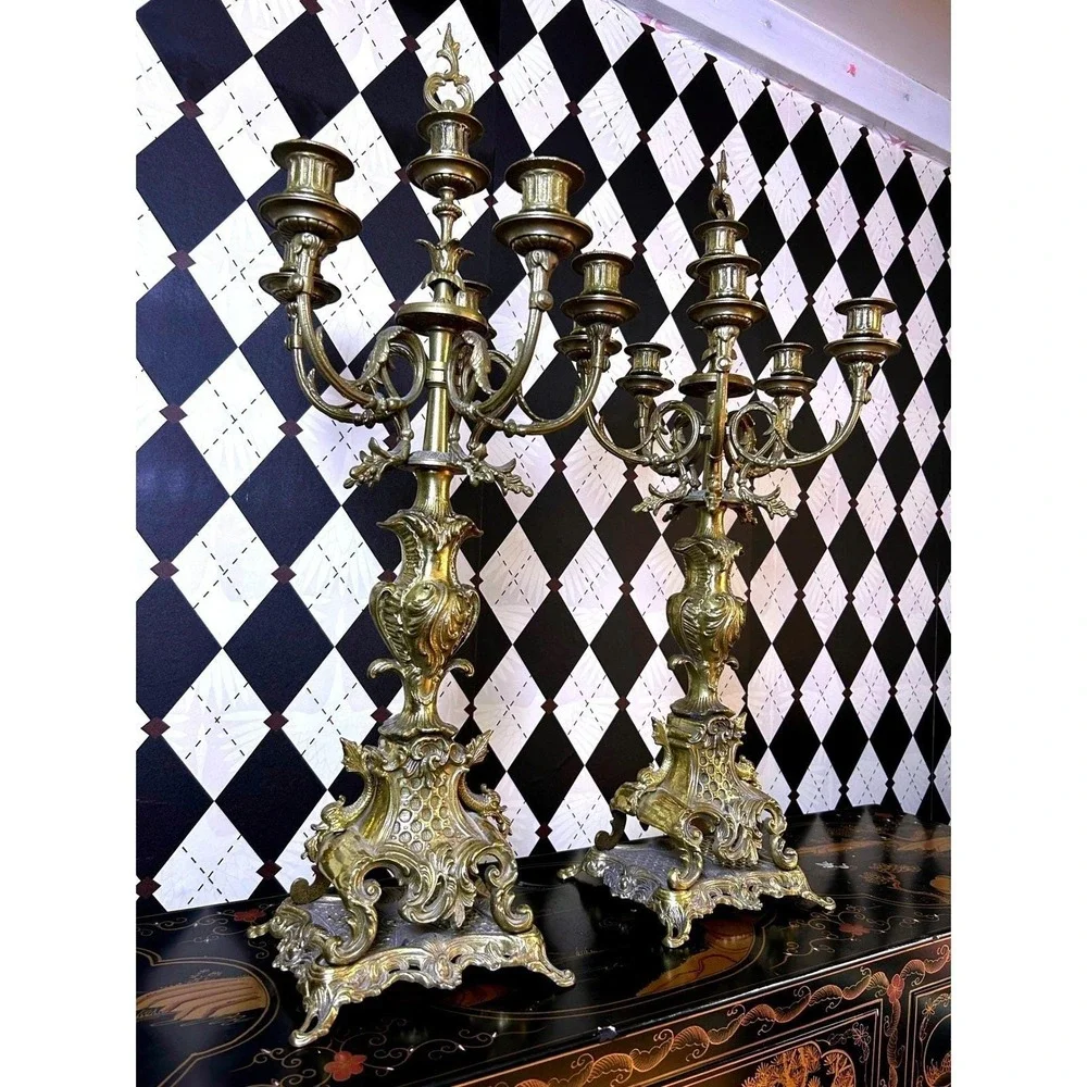 Grand-sized‎ Brass Rococo Candelabra Pair 28in Baroque 6 Arm Candle Holders